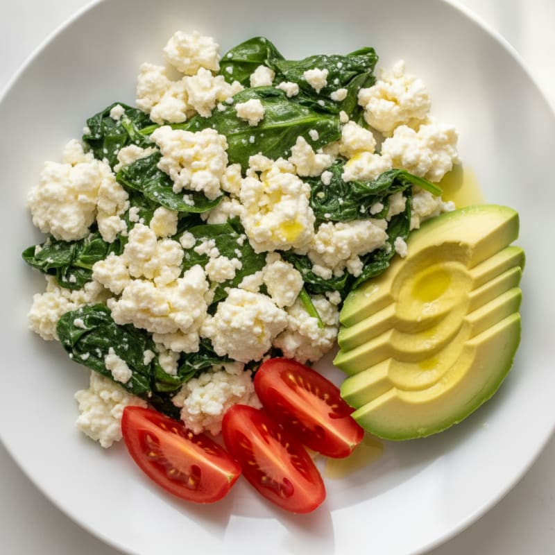 Egg White Spinach Scramble with Cottage Cheese and Fresh Tomatoes