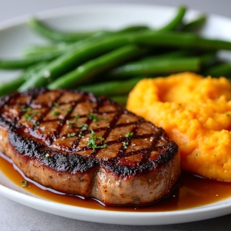 Seared Sirloin Steak with Garlic Green Beans and Sweet Potato Mash