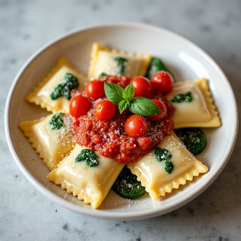 Ricotta-Spinach Stuffed Ravioli with Herb-Roasted Tomato Sauce