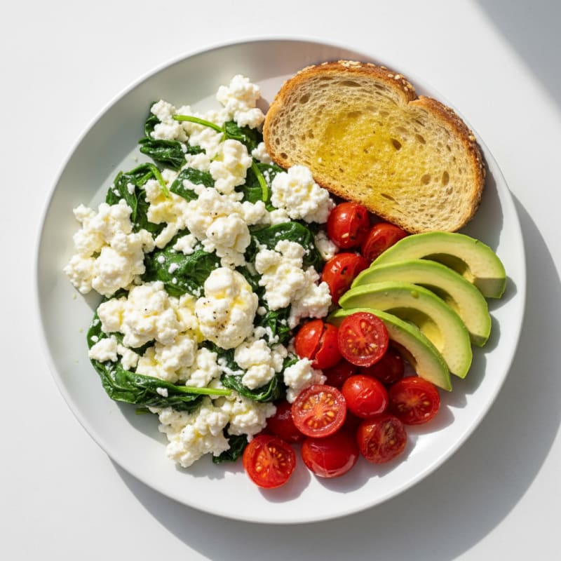 Egg White and Spinach Scramble with Cottage Cheese and Cherry Tomatoes