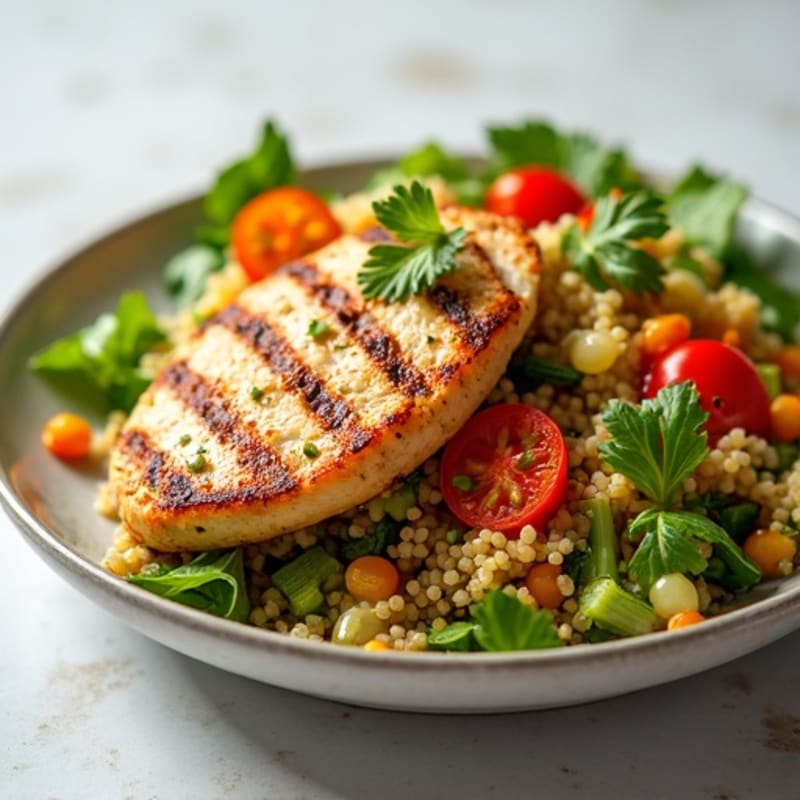 Grilled Chicken Breast with Crunchy Quinoa and Fresh Vegetable Salad