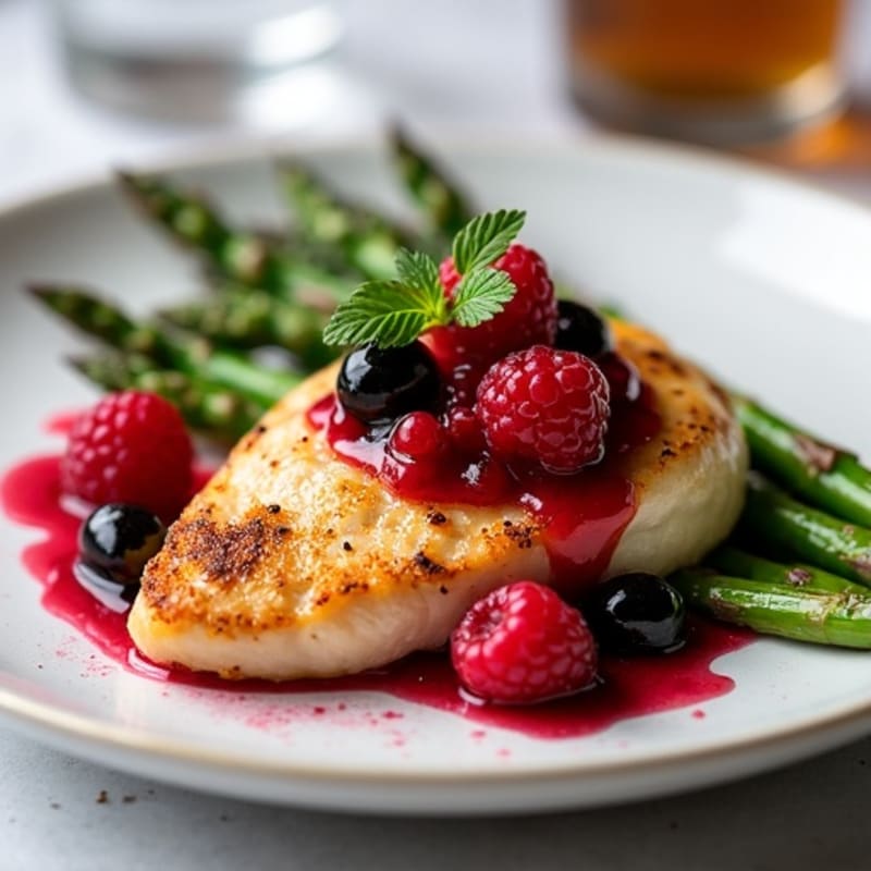 Pan-Seared Chicken with Tangy Berry Reduction and Roasted Asparagus