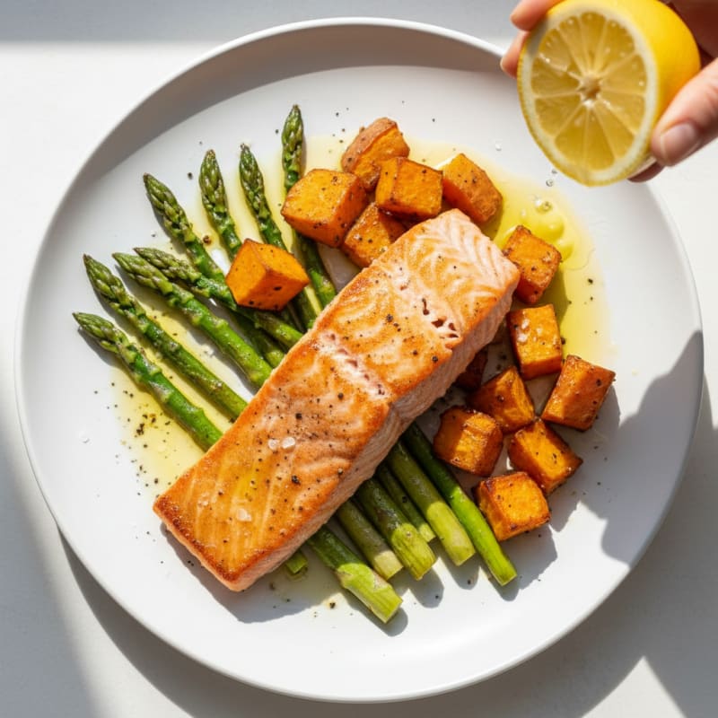 Seared Salmon Fillet with Roasted Asparagus and Sweet Potato