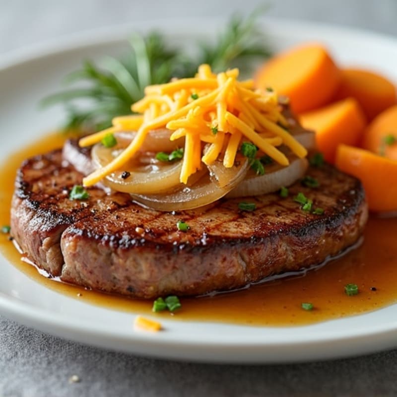 Seared Steak with Cheesy Onion Sauté and Steamed Sweet Potato