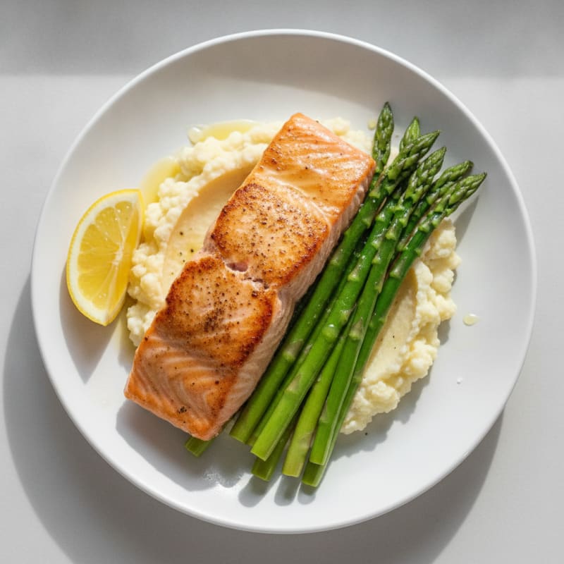 Seared Salmon with Steamed Asparagus and Cauliflower Mash