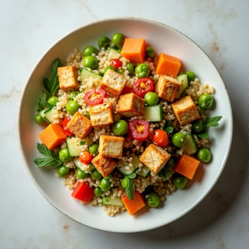 Crispy Tofu Quinoa Salad with Fresh Vegetables
