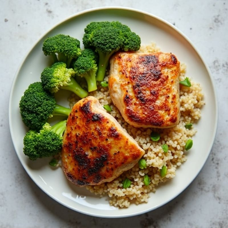 Seared Chicken Thighs with Roasted Broccoli and Quinoa