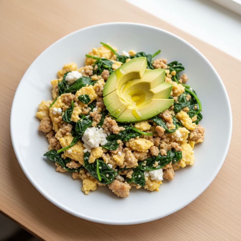 Cottage Cheese Egg Scramble with Spinach and Sautéed Turkey