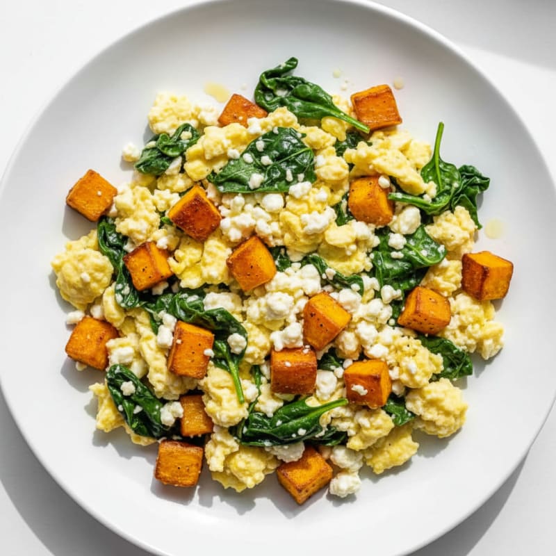 Cottage Cheese Egg Scramble with Spinach and Roasted Sweet Potato
