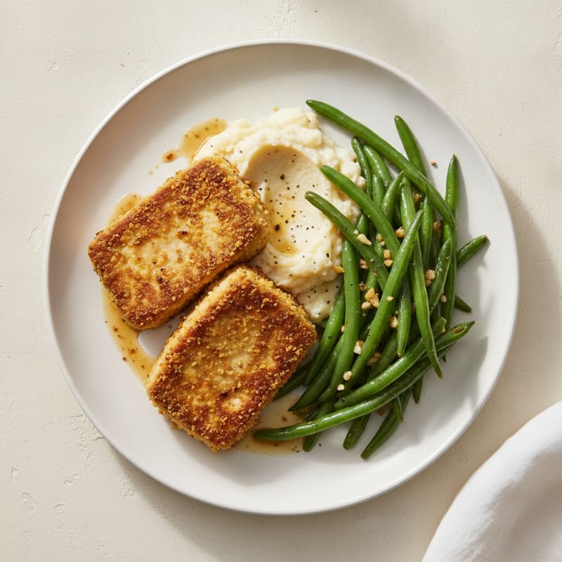 Crispy Tofu Steaks with Garlic Green Beans and Cauliflower Mash