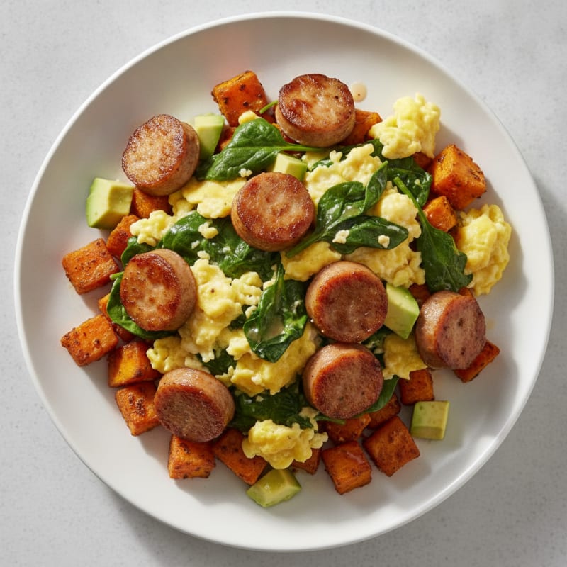 Crispy Turkey Sausage and Egg Scramble with Roasted Sweet Potatoes