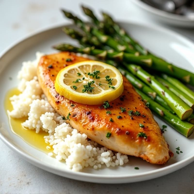 Lemon Garlic Roasted Chicken with Fluffy White Rice and Crispy Roasted Asparagus