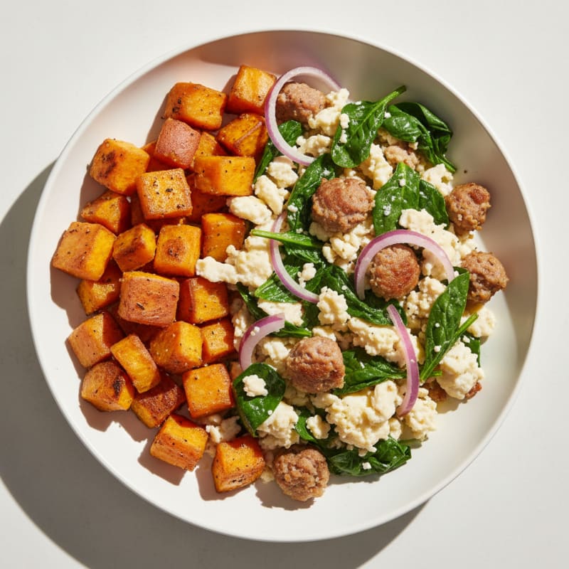 Egg White and Turkey Sausage Scramble with Spinach and Roasted Sweet Potato