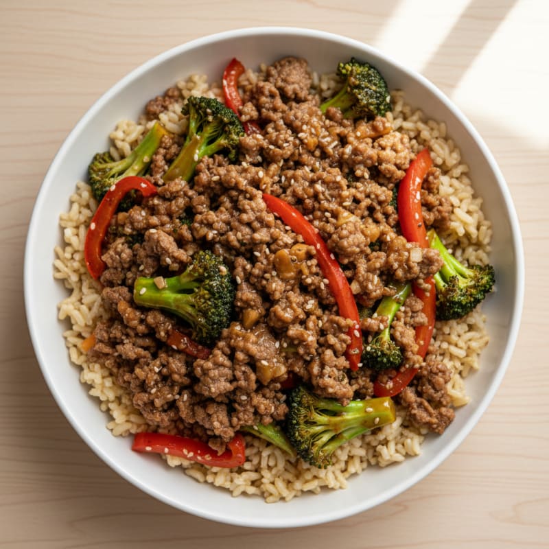Ground Beef and Veggie Stir-Fry with Brown Rice