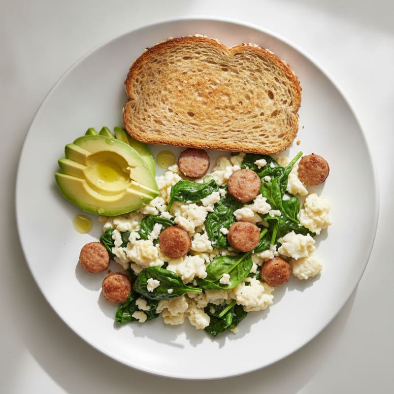Egg White Scramble with Turkey Sausage and Sautéed Spinach