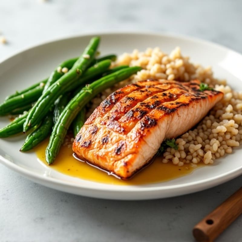 Grilled Salmon Filet with Garlic Green Beans and Brown Rice