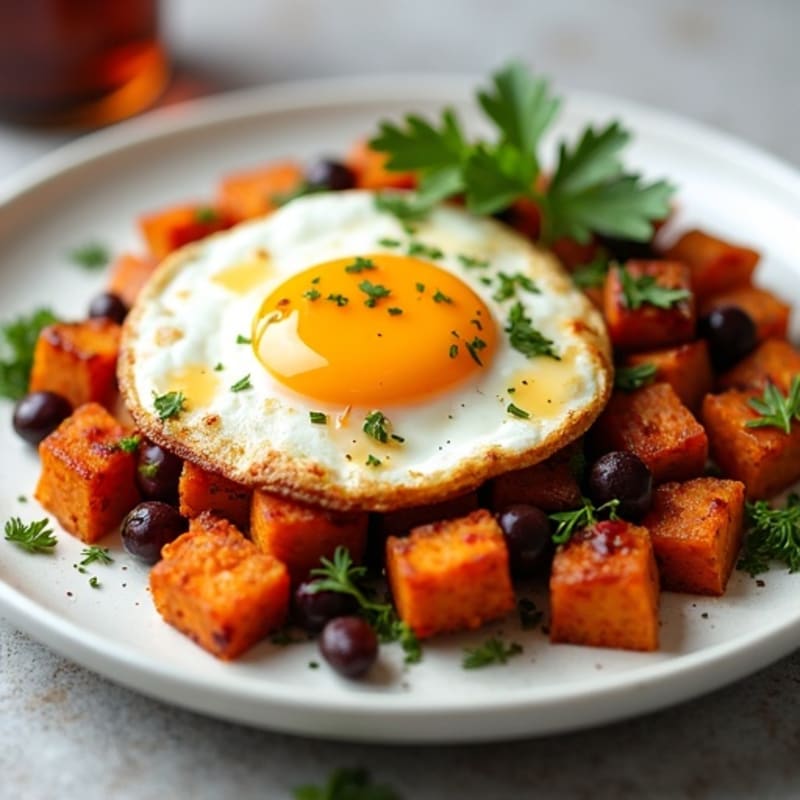 Crispy Sweet Potato Hash with Pan-Seared Eggs and Maple Drizzle