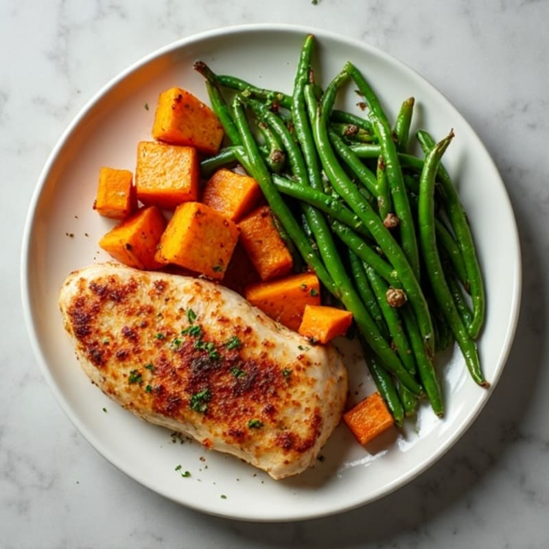 Sheet Pan Roasted Chicken and Crispy Yams with Garlic Green Beans