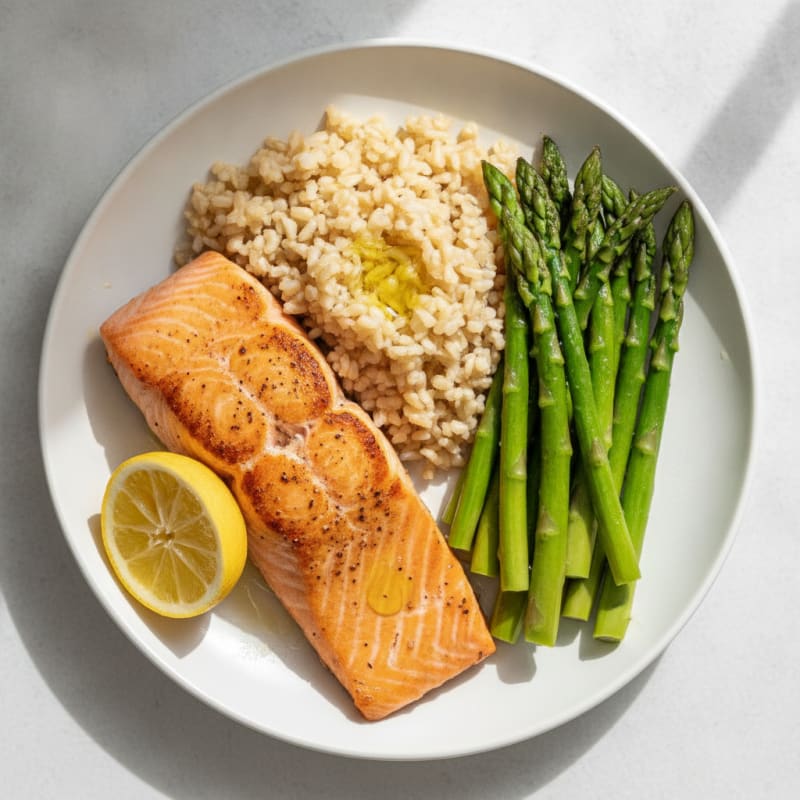 Seared Salmon with Steamed Asparagus and Brown Rice