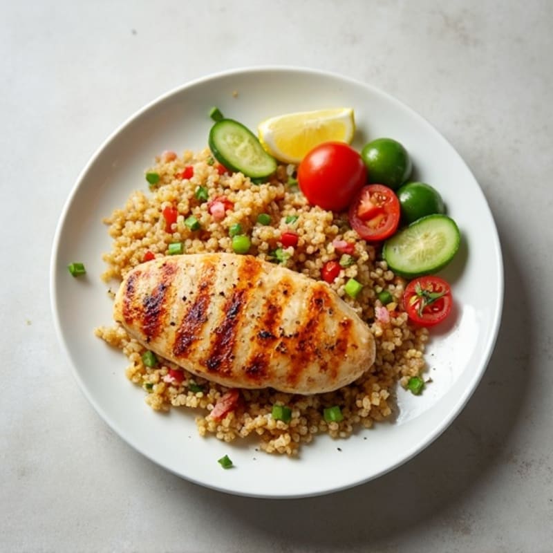 Grilled Chicken Breast with Quinoa and Crunchy Cucumber Tomato Salad