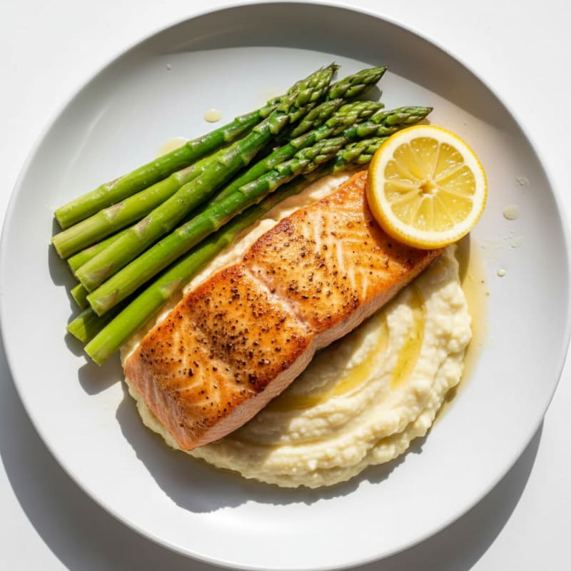 Seared Salmon with Steamed Asparagus and Cauliflower Mash