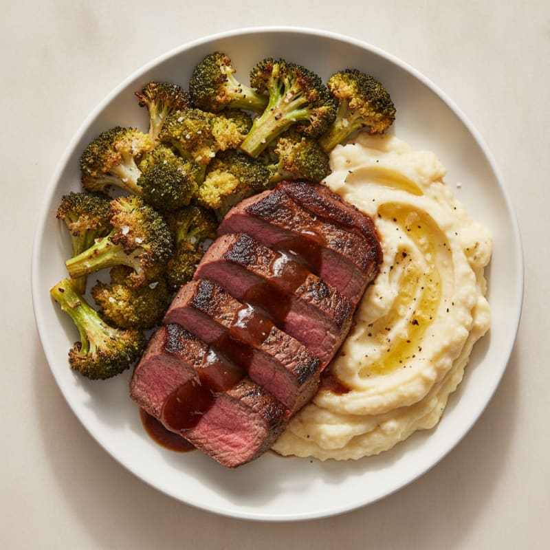 Seared Steak with Roasted Broccoli and Garlic Mashed Cauliflower
