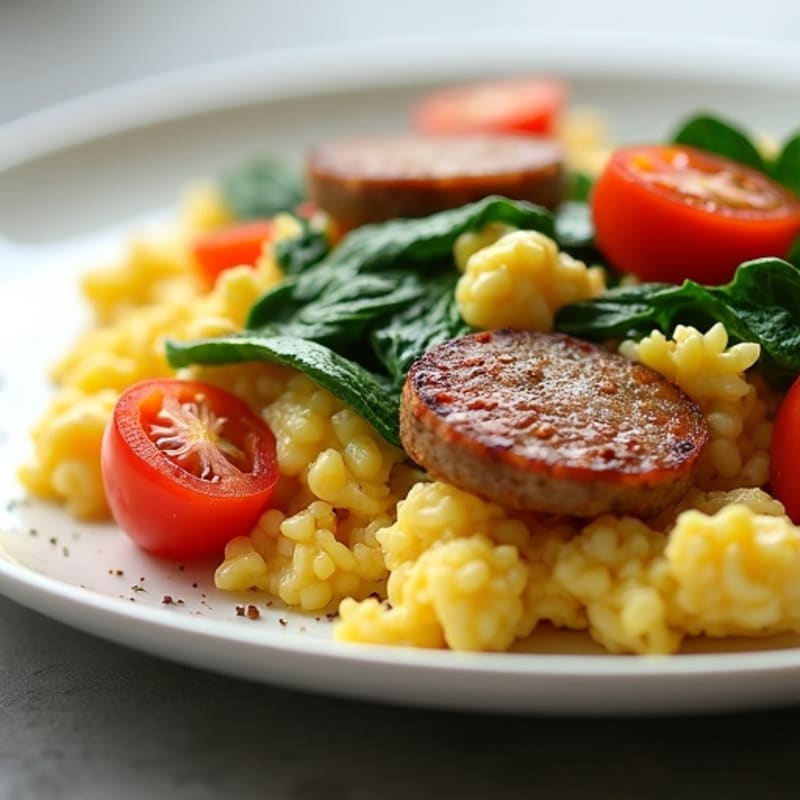 Egg White and Turkey Sausage Scramble with Spinach and Tomatoes