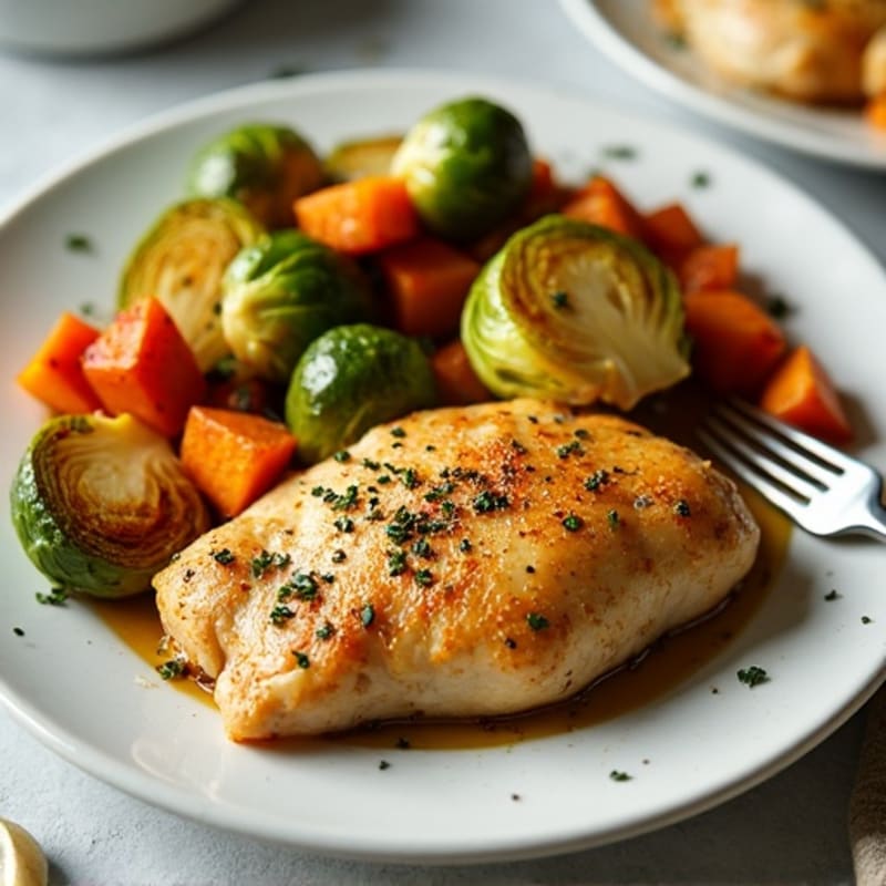 Sheet Pan Lemon-Garlic Chicken with Roasted Brussels Sprouts and Sweet Potatoes
