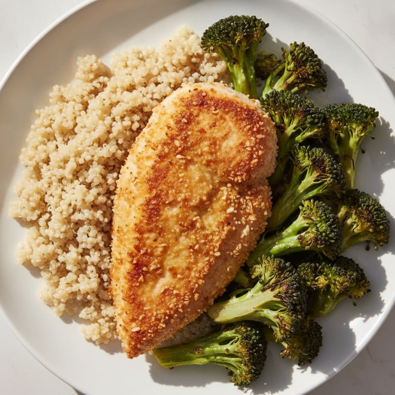 Crispy Chicken Breast with Quinoa and Roasted Broccoli