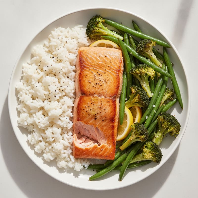 Pan-Seared Salmon with Roasted Broccoli and Green Beans