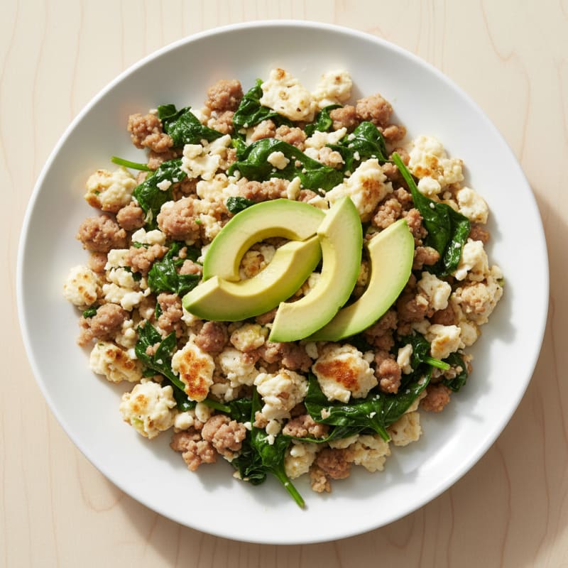 Egg White and Turkey Sausage Scramble with Sautéed Spinach