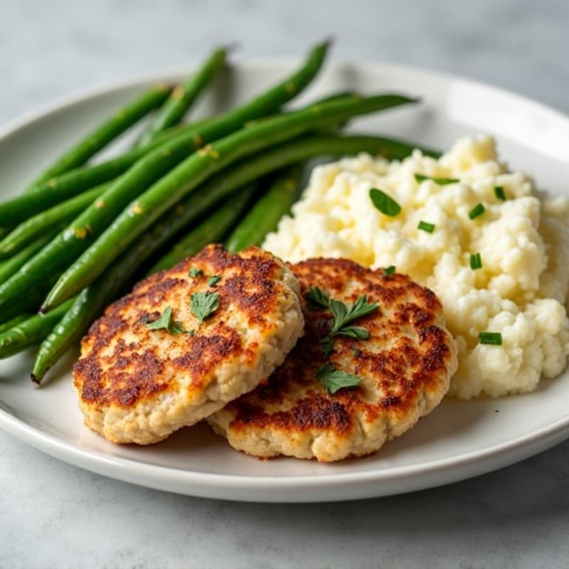 Seared Turkey Patties with Garlic Green Beans and Mashed Cauliflower