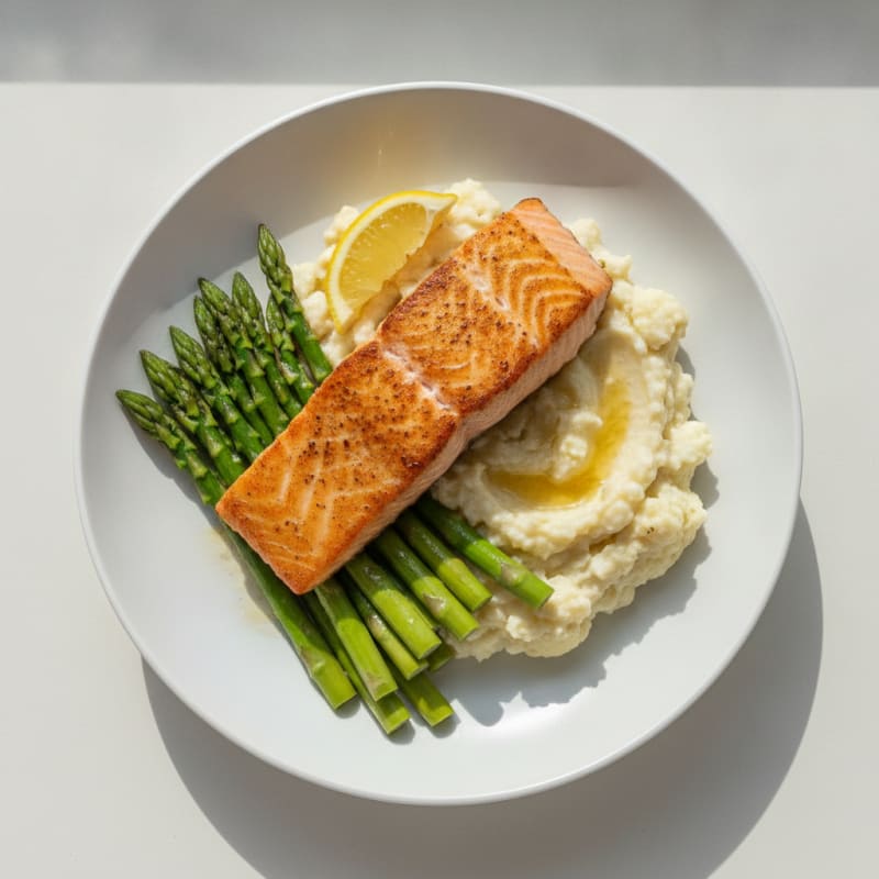 Seared Salmon with Steamed Asparagus and Garlic Mashed Cauliflower