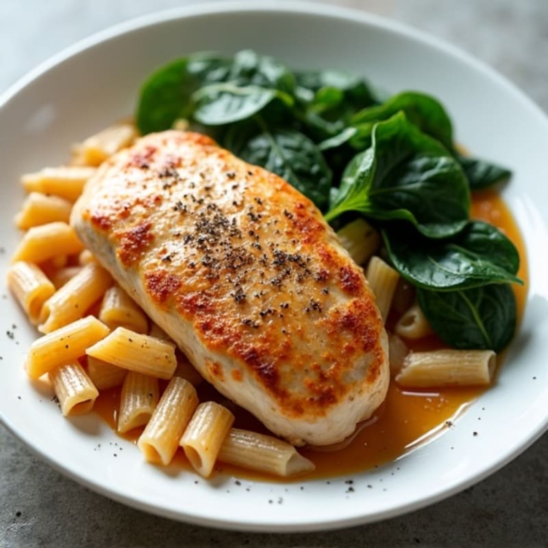 Smoked Paprika Spiced Chicken with Creamy Whole Wheat Pasta and Sautéed Greens