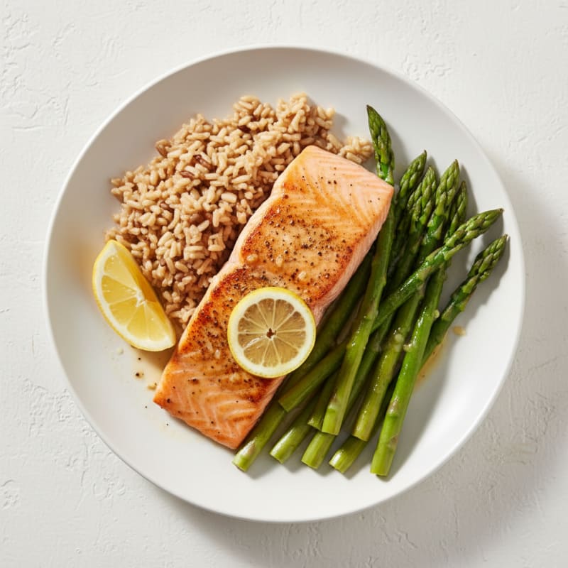 Seared Salmon with Steamed Asparagus and Brown Rice