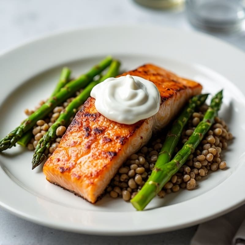 Seared Salmon Fillet with Steamed Asparagus and Lentil Mash