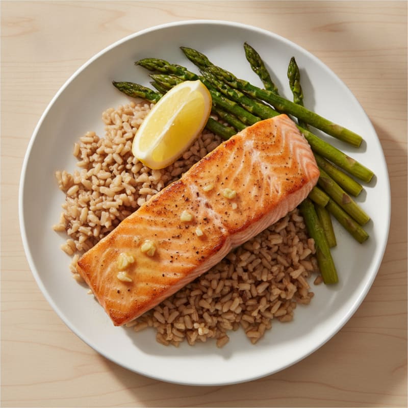 Seared Salmon Fillet with Roasted Asparagus and Brown Rice