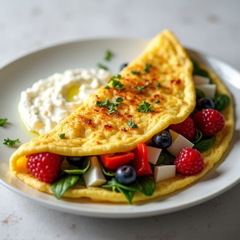 Egg White Veggie Omelet with Cottage Cheese and Fresh Berries