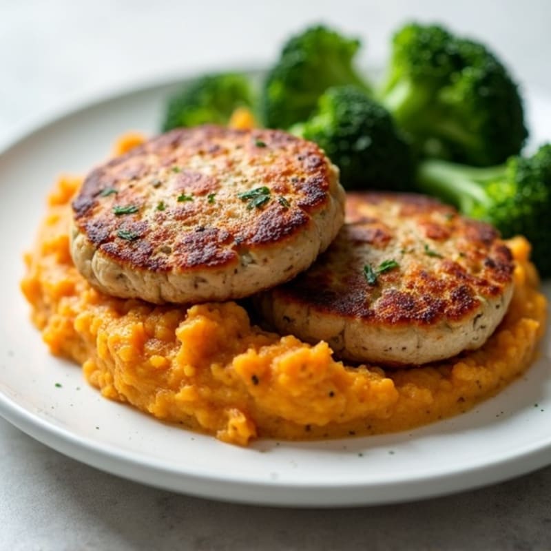 Pan Seared Turkey Patties with Steamed Broccoli and Sweet Potato Mash