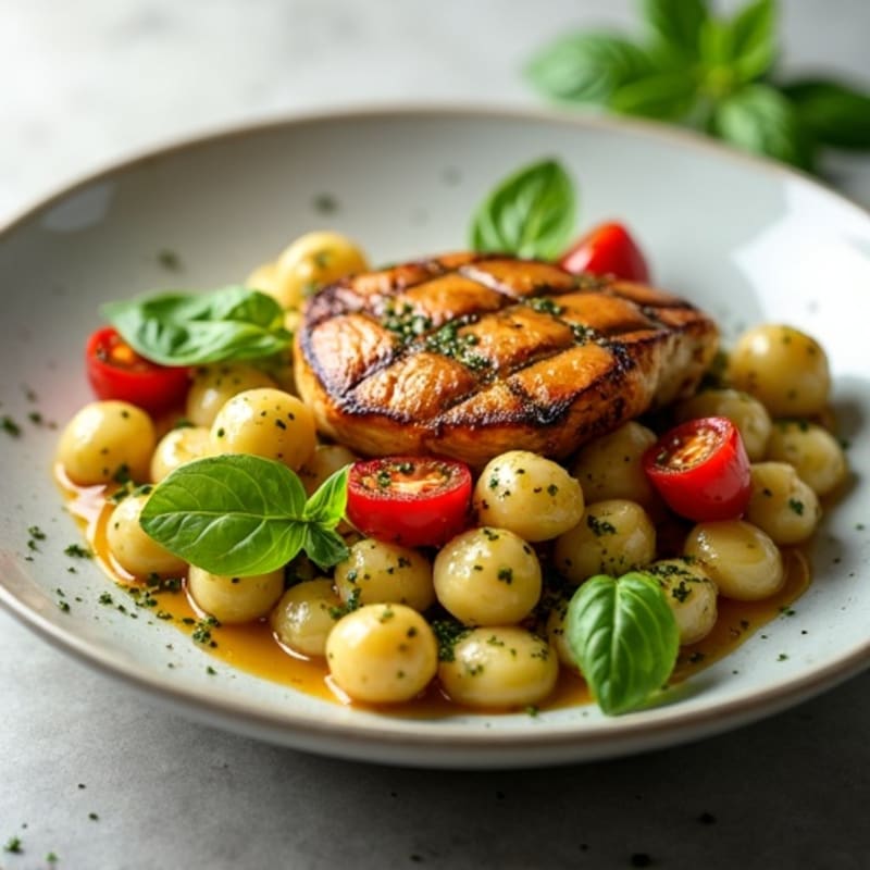 Wholesome Gnocchi with Fresh Basil Pesto, Roasted Chicken, and Blistered Tomatoes