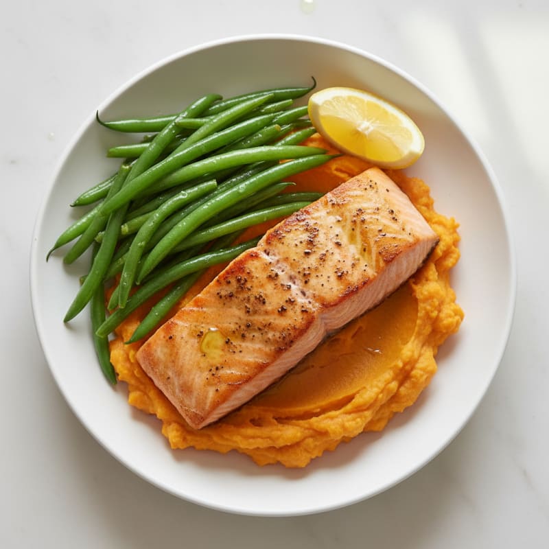 Seared Salmon Fillet with Steamed Green Beans and Sweet Potato Mash