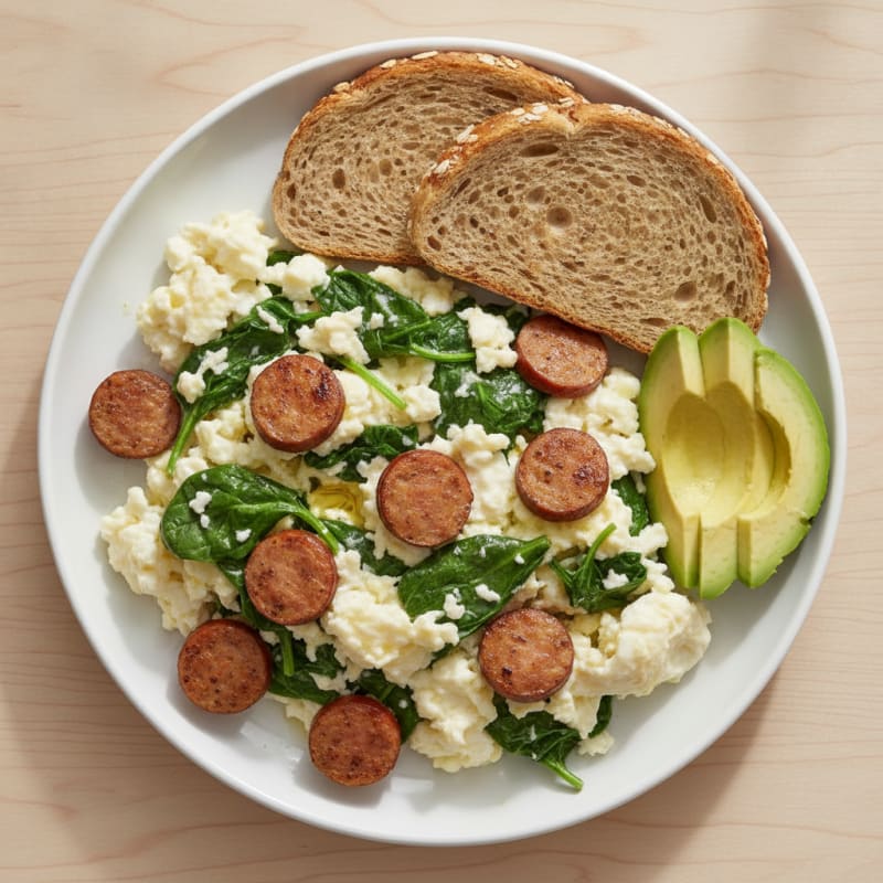 Egg White and Spinach Scramble with Turkey Sausage