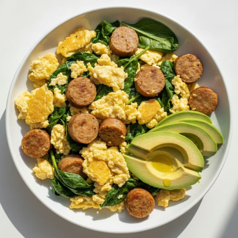 Scrambled Eggs with Chicken Sausage and Sautéed Spinach