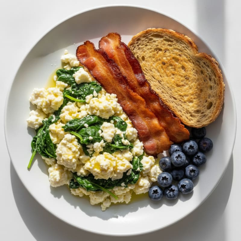 Cottage Cheese Egg Scramble with Spinach and Turkey Bacon