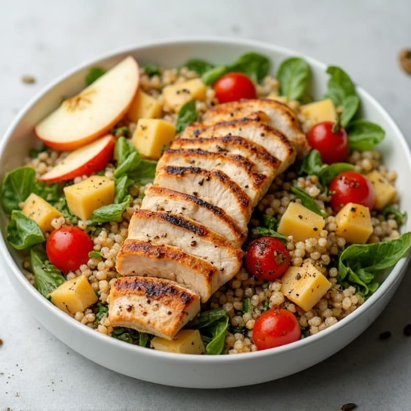 Grilled Chicken and Quinoa Salad with Roasted Vegetables and Pumpkin Seeds