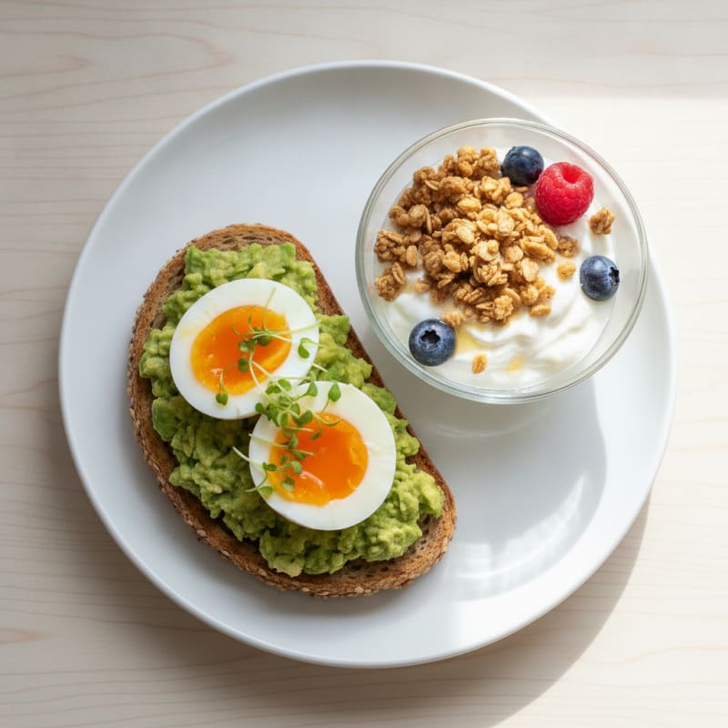 Egg and Avocado Toast with Crunchy Granola Yogurt Parfait