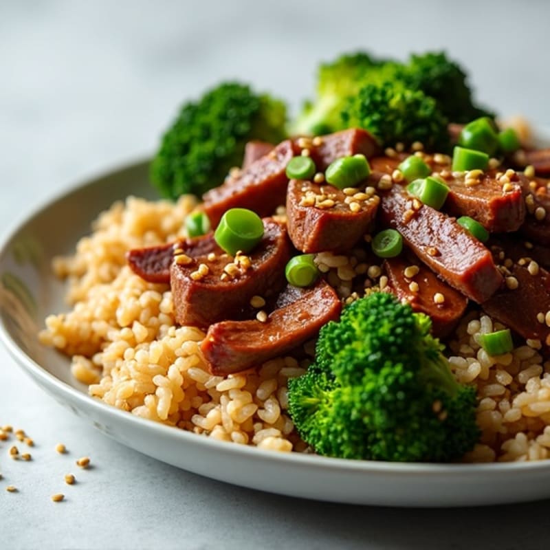 Lean Sesame Beef and Crispy Broccoli with Brown Rice