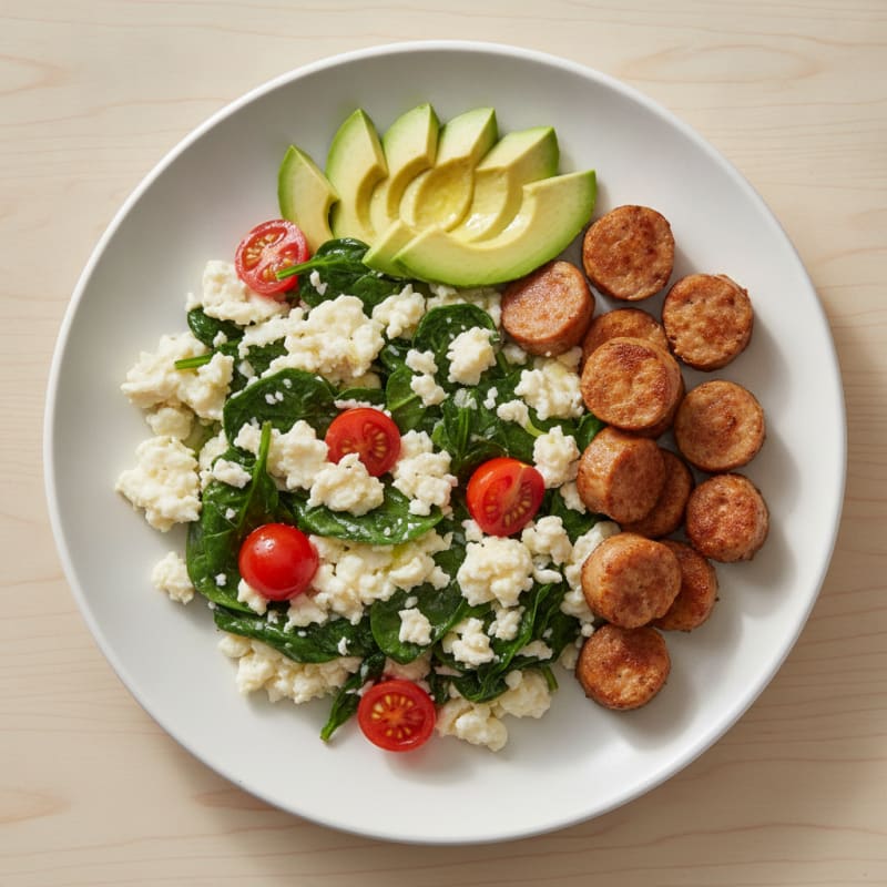 Egg White Scramble with Turkey Sausage and Sautéed Spinach