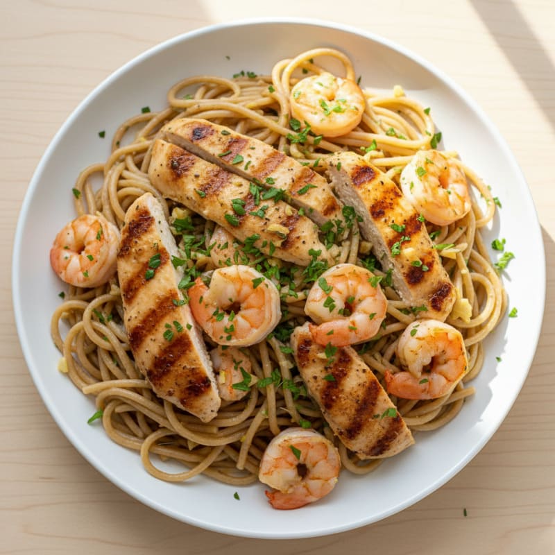 Garlic Scampi Pasta with Herb Chicken