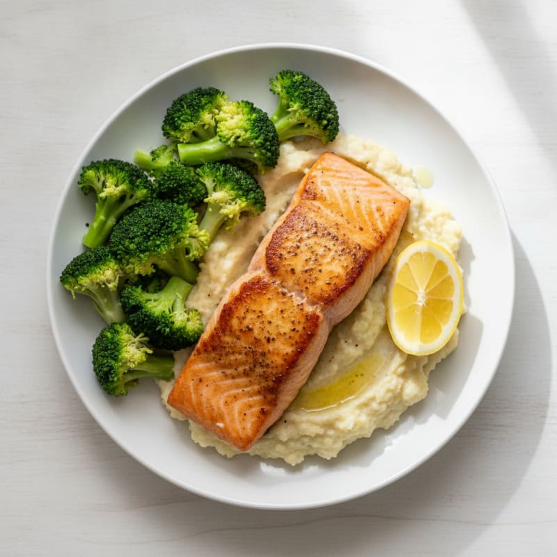 Seared Salmon with Steamed Broccoli and Garlic Cauliflower Mash